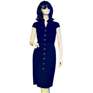 Sandra Darren Navy Blue Midi Button-Up Dress Size 8